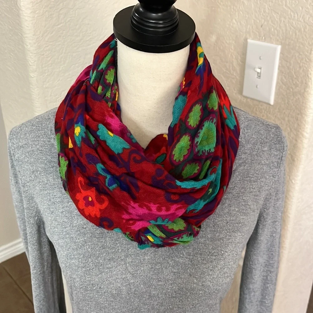 Red floral with fringe scarf